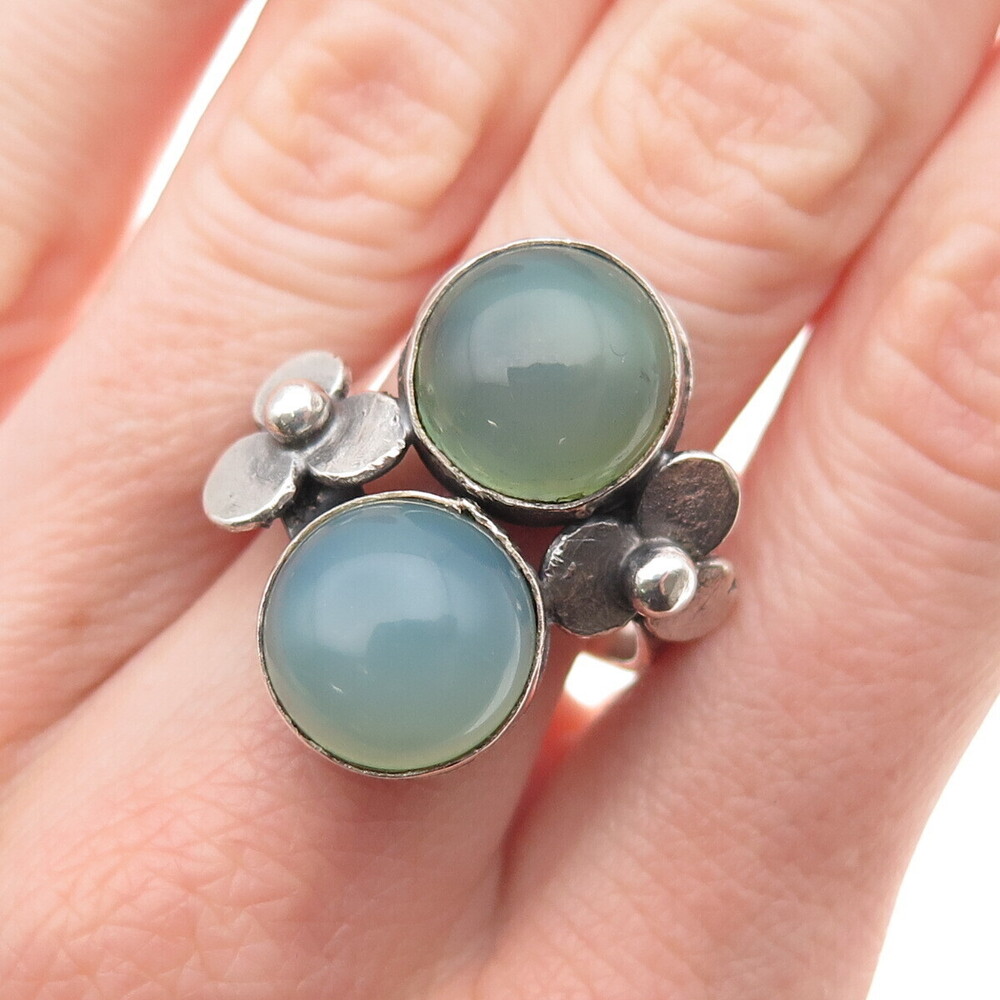 Lod 925 Sterling Silver Vintage Real Chalcedony Modernist Floral Ring Size 8